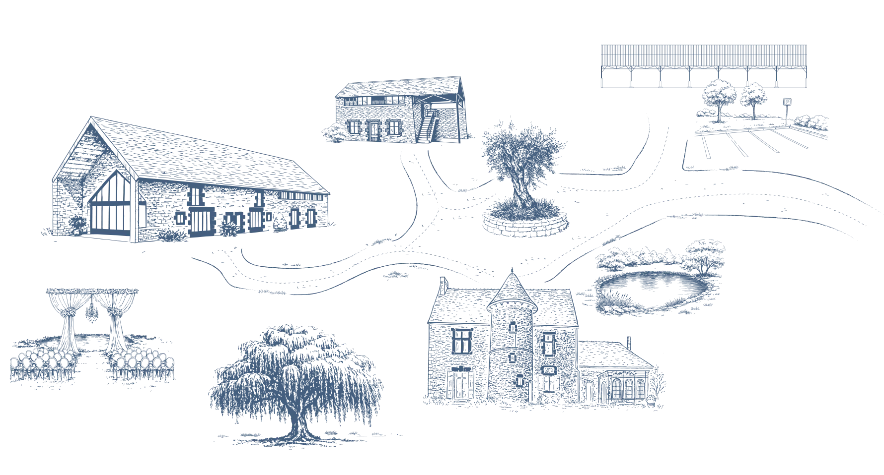 Plan du domaine Clos des Demoiselles : salle, terrasse, lieu cérémonie laique, hébergements et parking