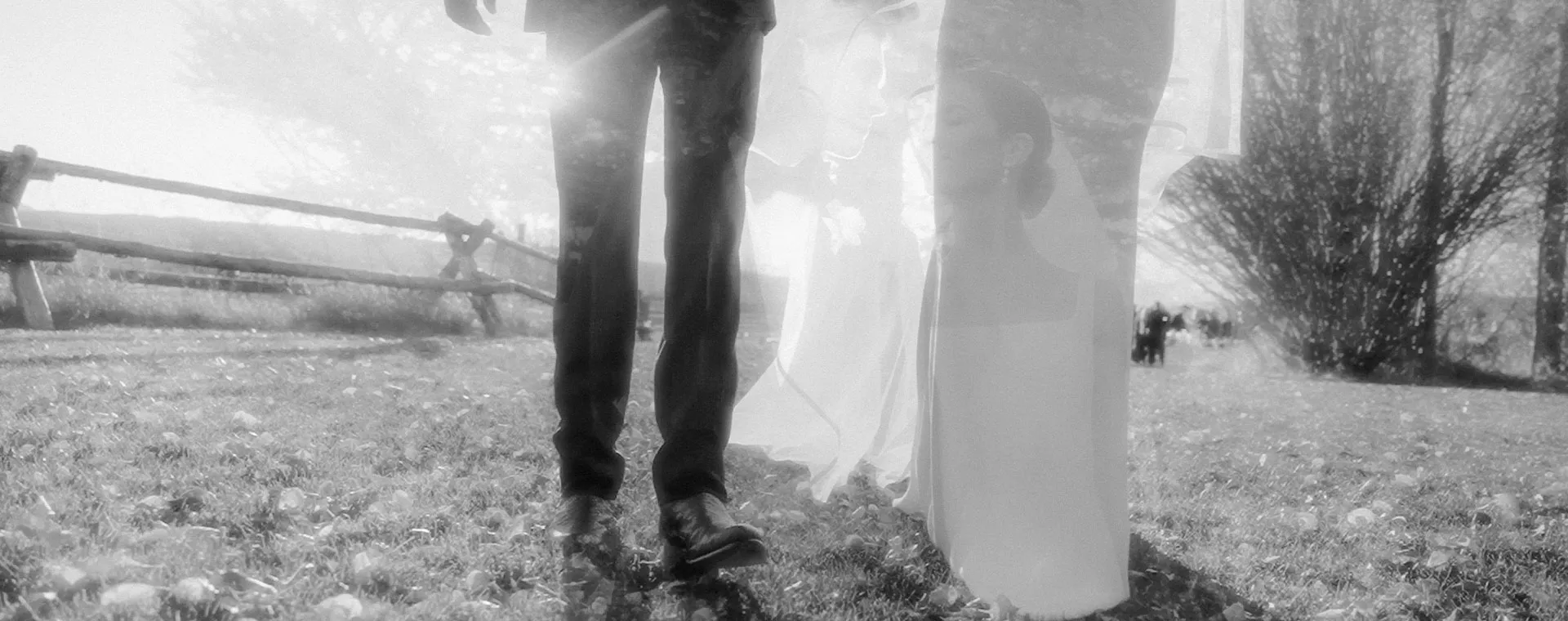 Couple de mariés de dos dans la campagne sancerroise, réception de mariage au Clos des Demoiselles